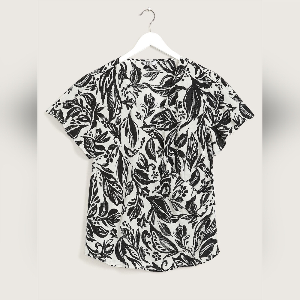Penningtons Black White V-Neck Wrap Blouse Top Short Sleeves Dressy Office 2X - Picture 2 of 9